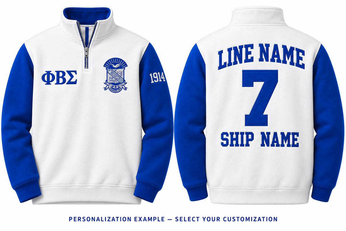Phi Beta Sigma white and royal blue quarter-zip front and back personalization example