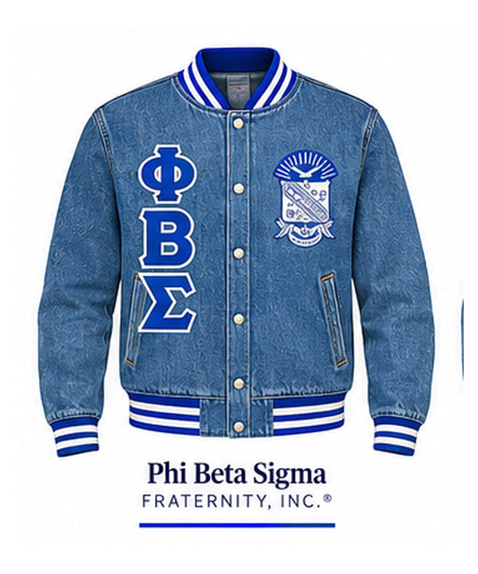 Medium-blue Phi Beta Sigma full-denim varsity jacket with denim sleeves, royal blue and white trim, crest, and stacked Greek letters