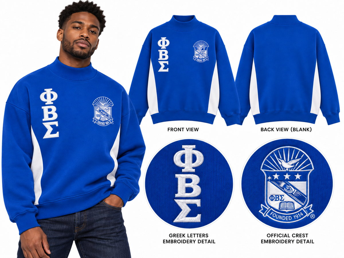 Front and back of royal blue and white Phi Beta Sigma oversized mock-neck sweatshirt with crest and stacked ΦΒΣ letters