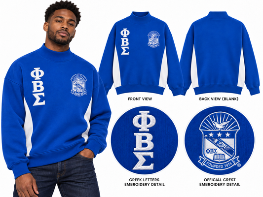 Front and back of royal blue and white Phi Beta Sigma oversized mock-neck sweatshirt with crest and stacked ΦΒΣ letters