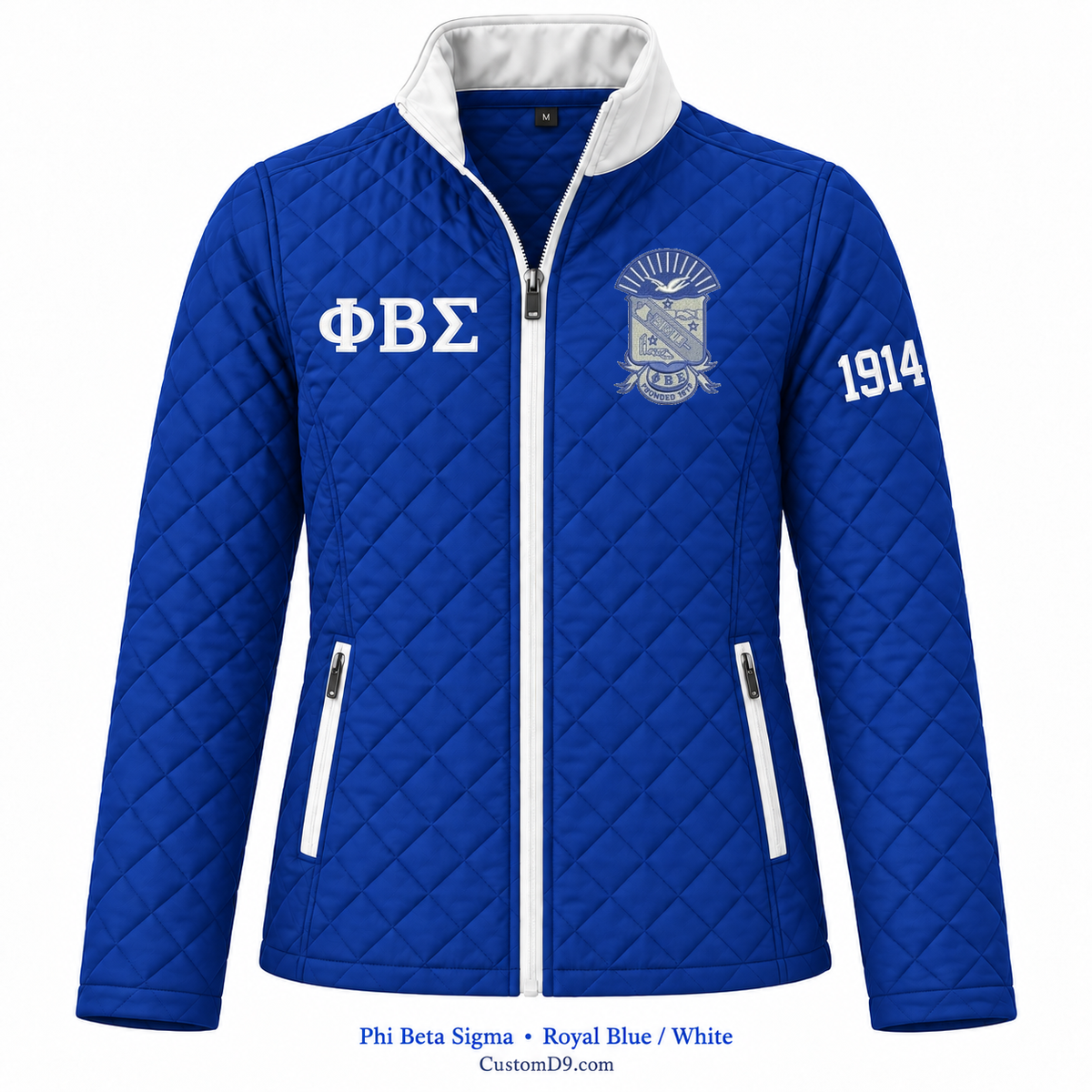 Phi Beta Sigma royal blue and white quilted jacket with crest, Greek letters, and 1914 sleeve embroidery