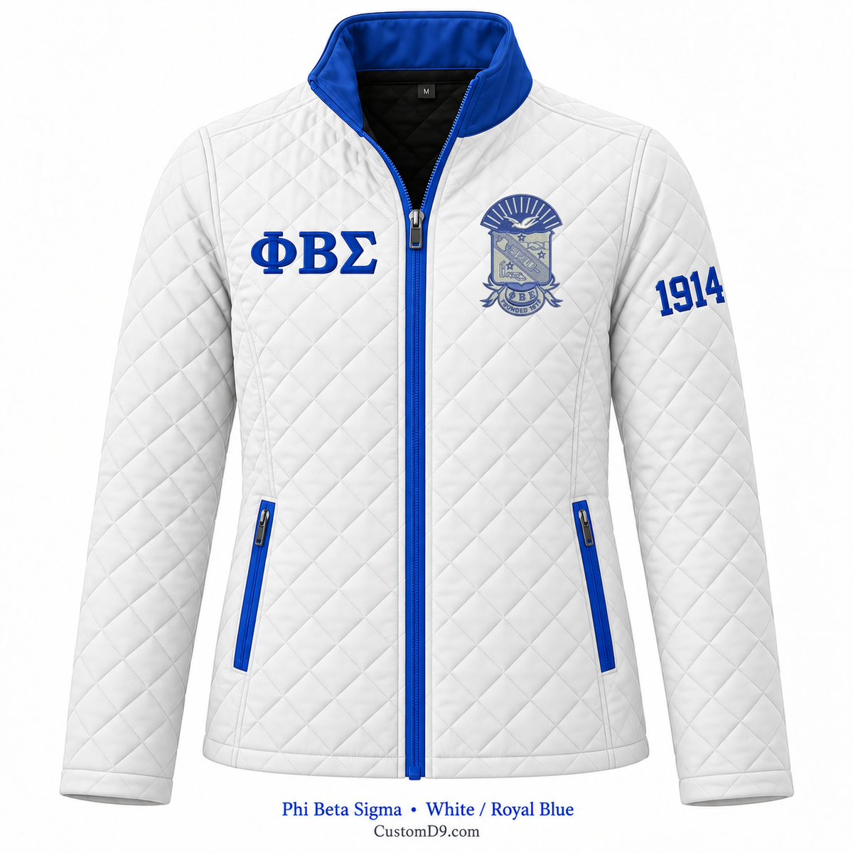 Phi Beta Sigma white and royal blue quilted jacket with crest, Greek letters, and 1914 sleeve embroidery