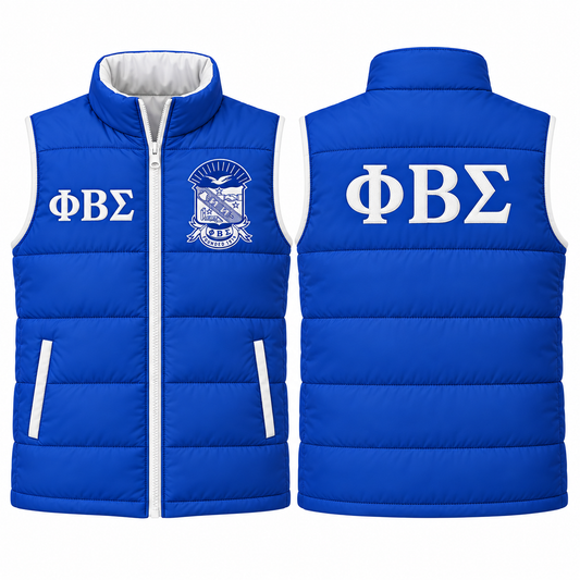 Phi Beta Sigma royal blue and white custom embroidered puffer vest front and back