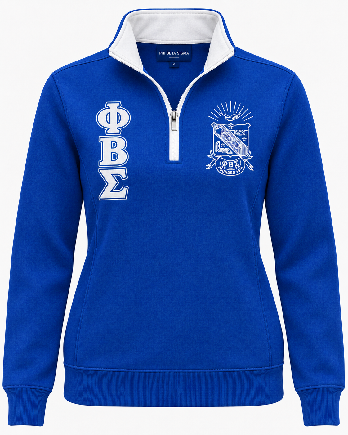 Phi Beta Sigma royal blue and white quarter-zip sweatshirt with correct crest