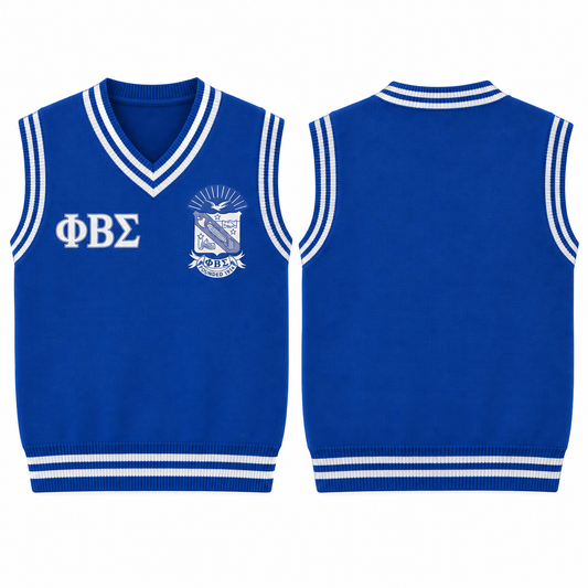 Phi Beta Sigma royal blue and white varsity sweater vest with crest and Greek letters, front and back views