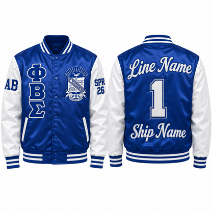 Royal blue and white Phi Beta Sigma satin bomber jacket shown front and back with sample line personalization