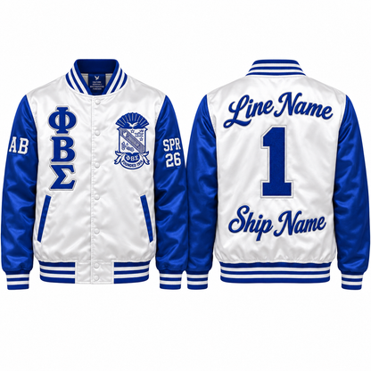 White and royal blue Phi Beta Sigma satin bomber jacket shown front and back with sample line personalization