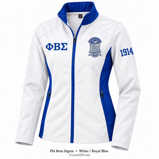 Phi Beta Sigma white and royal blue softshell jacket with crest, Greek letters, and 1914 sleeve embroidery