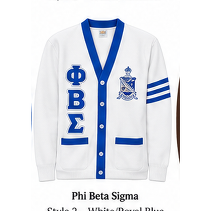 Phi Beta Sigma white cardigan with royal blue trim, stacked Greek letters, crest, pockets, and sleeve stripes