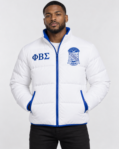 Phi Beta Sigma white puffer jacket with royal blue trim and custom embroidery on male model