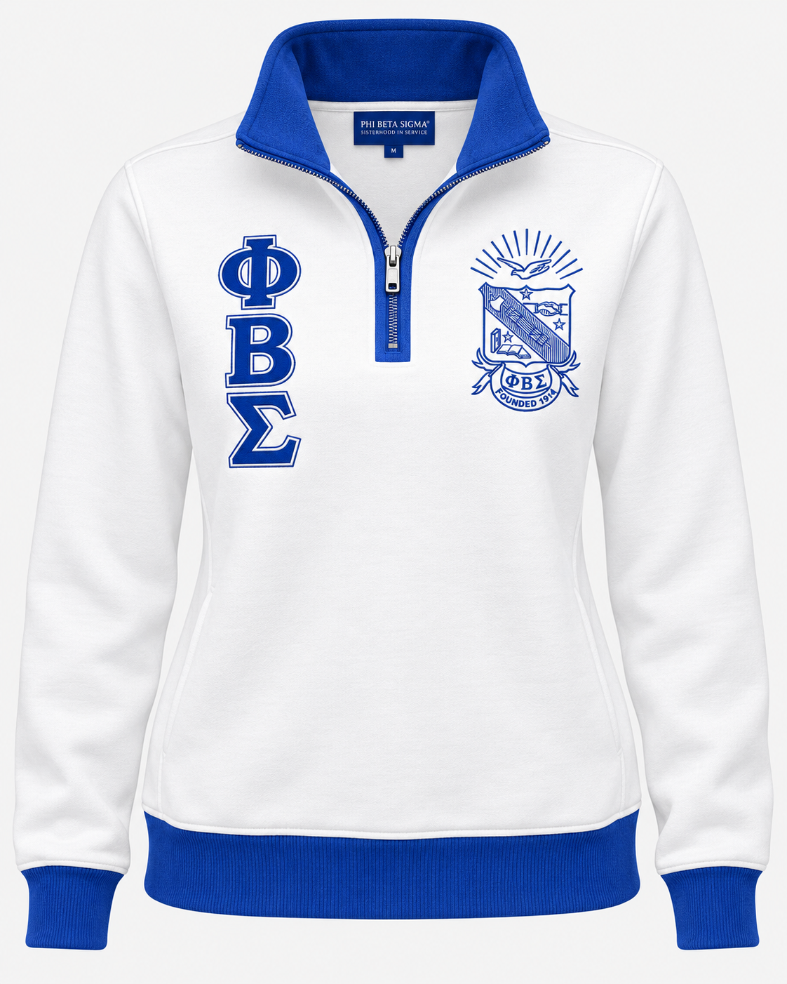 Phi Beta Sigma white and royal blue quarter-zip sweatshirt with correct crest