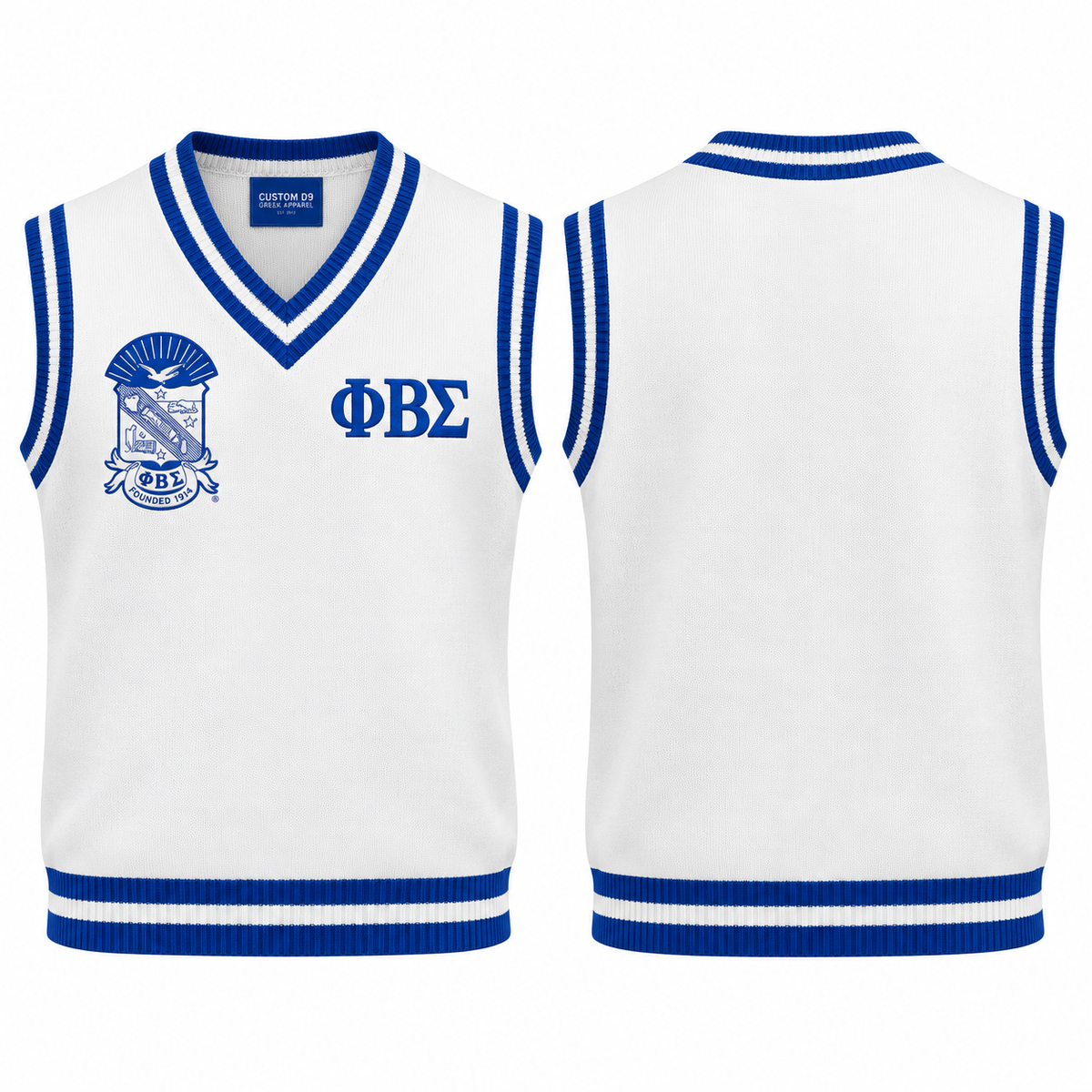 Phi Beta Sigma white and royal blue varsity sweater vest with crest and Greek letters, front and back views
