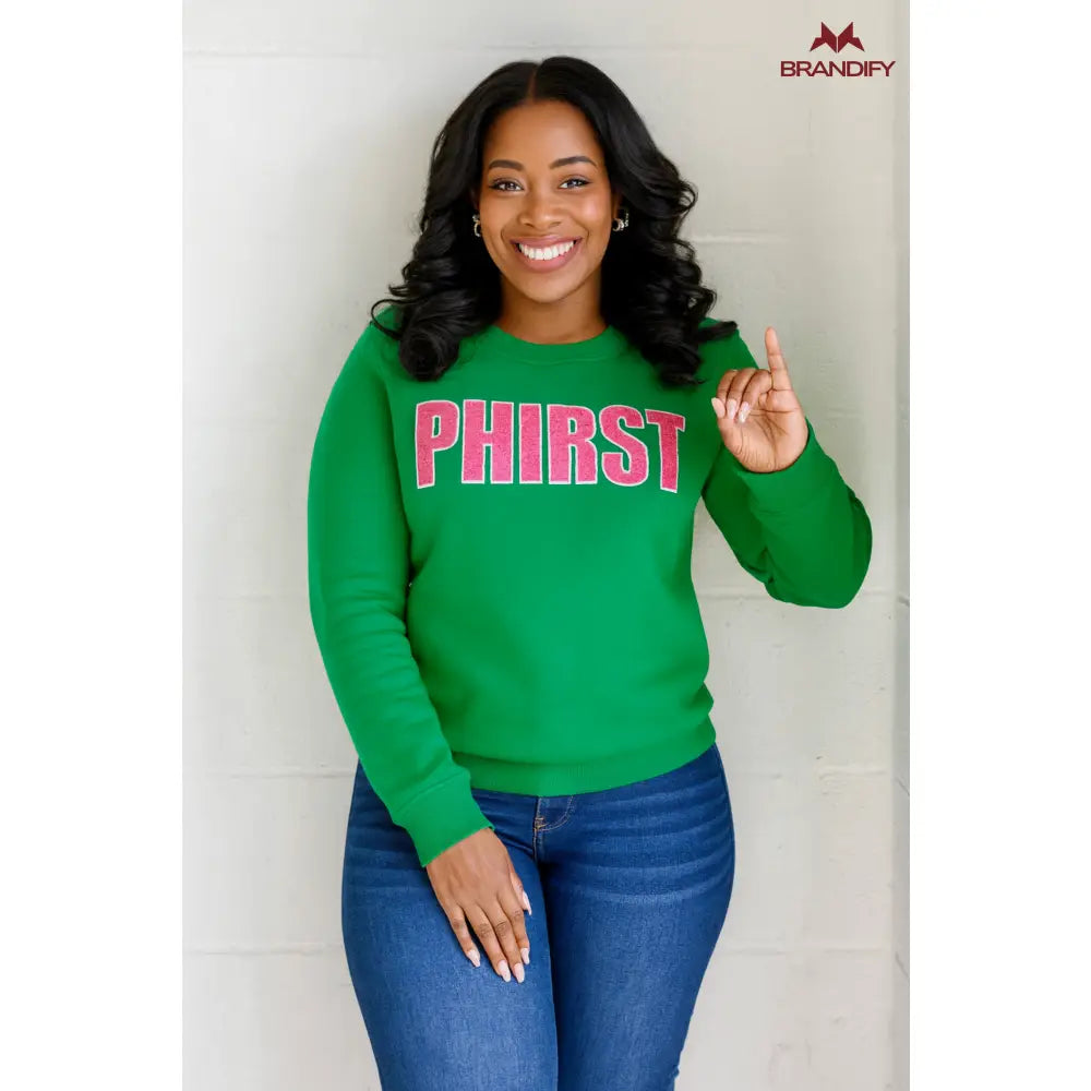 Custom Alpha Kappa Alpha Chenille Sweatshirt Style 2 front view with personalized pink and green design