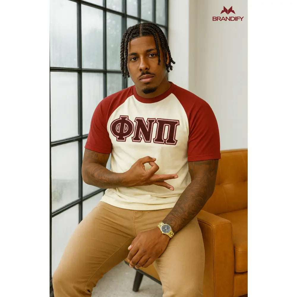Custom Kappa Alpha Psi Raglan Chenille Tee front view with raised chenille Greek lettering