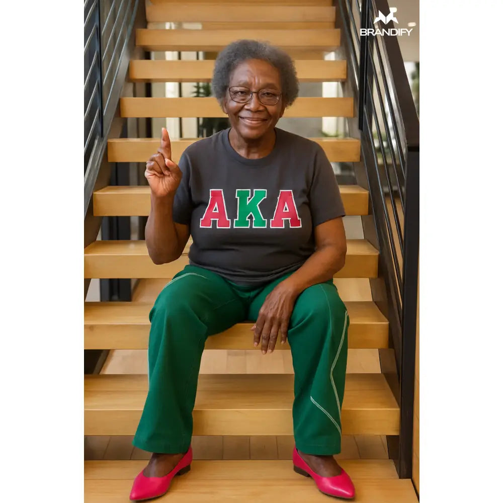 Custom Silver Alpha Kappa Alpha Chenille Tee front view with personalized pink and green design
