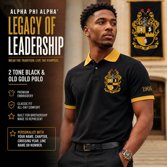 2 Tone Black & Old Gold Alpha Phi Alpha Personalized Embroidered Polo Shirt – Personalized | Pirani9; supplied crest on wearer left chest and founding year on left sleeve