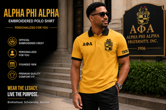 Old gold Alpha Phi Alpha polo with black trim, supplied crest on left chest, Greek letters on right chest and 1906 on left sleeve