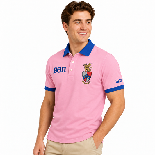 2 Tone Delicate Pink & Blue Beta Theta Pi Personalized Embroidered Polo Shirt – Personalized | Pirani9; supplied crest on wearer left chest, Greek letters on right chest and 1839 on left sleeve