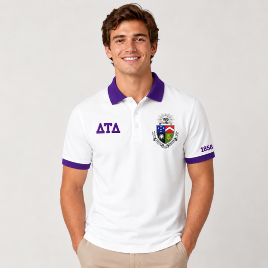Delta Tau Delta white polo with royal purple trim, supplied crest on left chest, Greek letters on right chest, 1858 on left sleeve