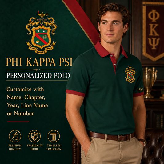 2 Tone Hunter Green & Cardinal Red Phi Kappa Psi Personalized Embroidered Polo – Personalized | Pirani9; supplied crest on wearer left chest and founding year on left sleeve