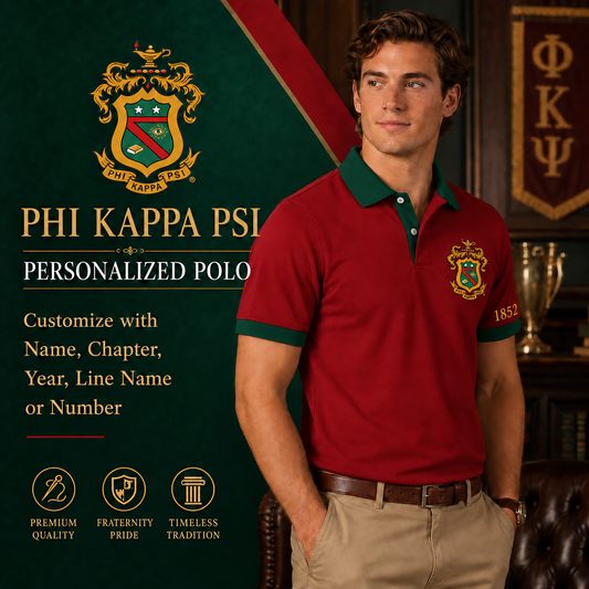 Cardinal red Phi Kappa Psi polo with hunter green trim, supplied crest on left chest and 1852 on left sleeve