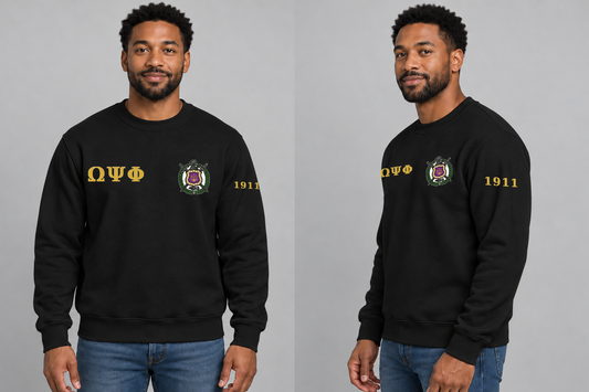 Omega Psi Phi premium embroidered black solid crewneck sweatshirt on model - front and side
