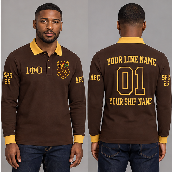 Iota Phi Theta long sleeve polo in Charcoal Brown and Gilded Gold on an adult model, original supplied crest and ΙΦΘ letters, sample line name, number 01, ship name, crossing year and chapter initials.