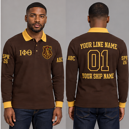 Iota Phi Theta long sleeve polo in Charcoal Brown and Gilded Gold on an adult model, original supplied crest and ΙΦΘ letters, sample line name, number 01, ship name, crossing year and chapter initials.
