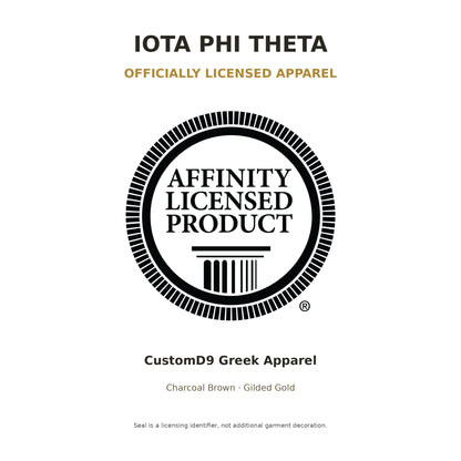 Iota Phi Theta Officially Licensed Apparel promotion using the original supplied black Affinity Licensed Product seal, without redrawing or changing the seal