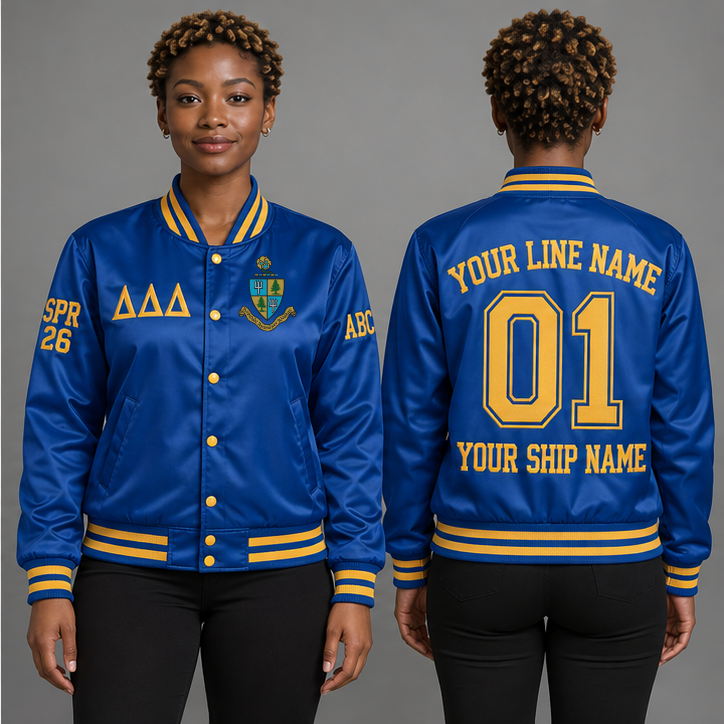 Delta Delta Delta Cerulean Blue and Gold personalized satin line jacket on an adult model, original supplied crest and ΔΔΔ letters, sample line name, line number 01, ship name, crossing year and chapter initials.