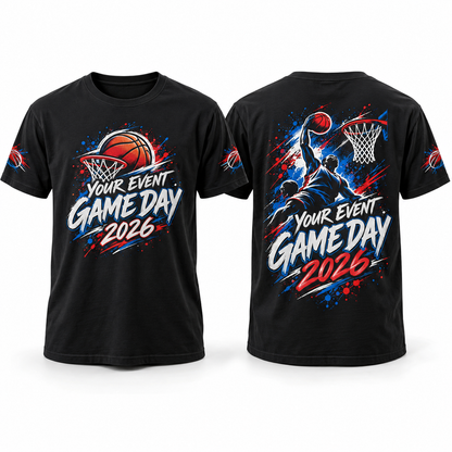 Custom Tournament & Event full-color printed black T-shirt front back and sleeve sample