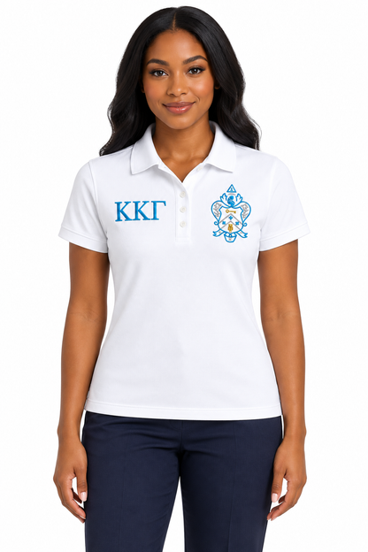 White Kappa Kappa Gamma polo on model, Crest + Greek Letters design