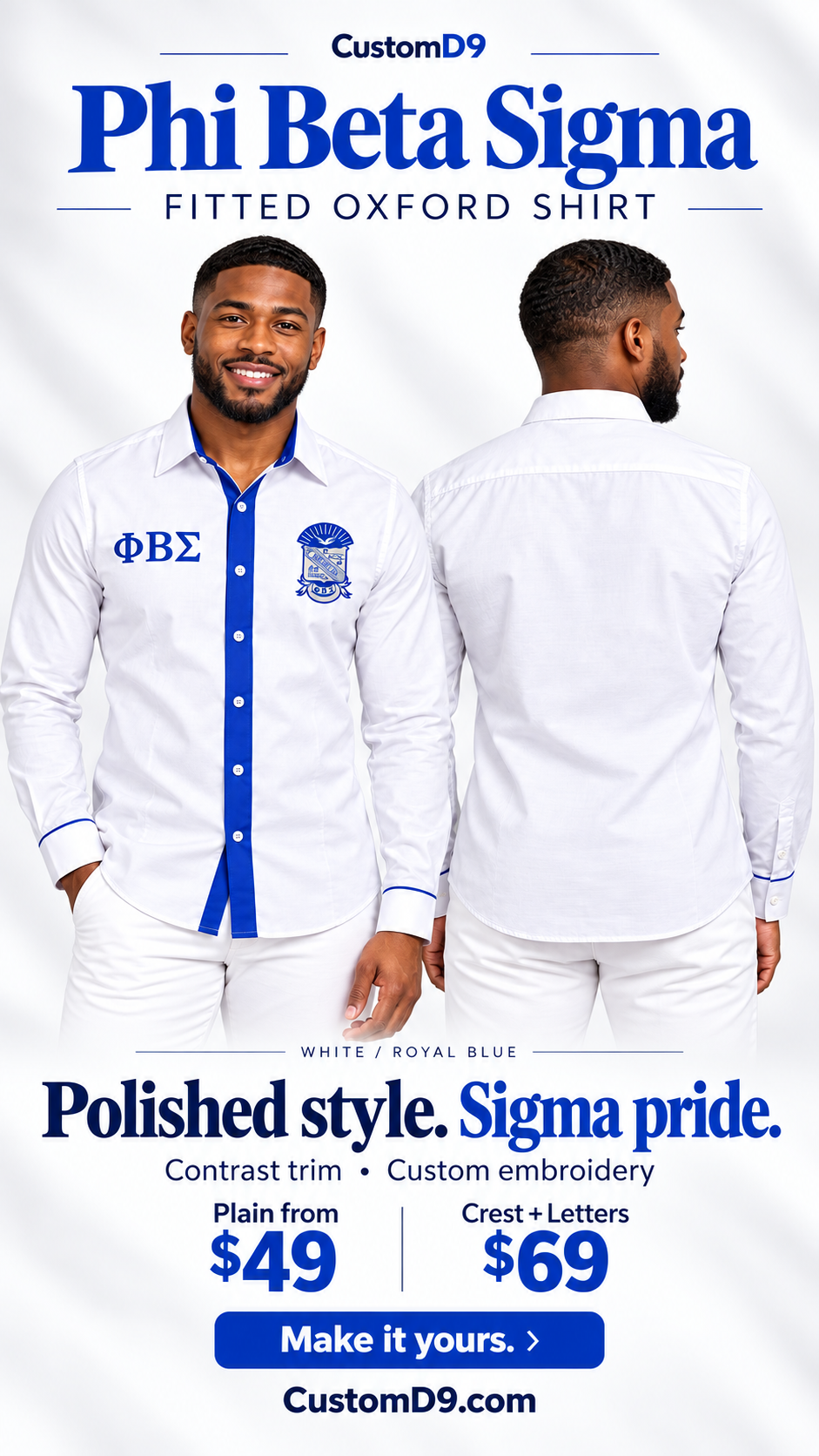 Phi Beta Sigma white and royal blue fitted embroidered Oxford shirt reel-poster, front and back on male model
