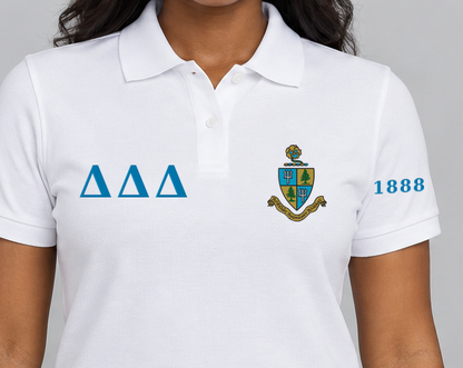 Delta Delta Delta premium embroidered white solid polo on model - chest embroidery close-up