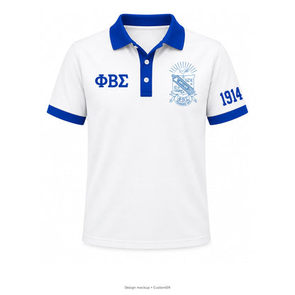 Design mockup: Phi Beta Sigma men's white contrast polo with royal blue trim, official left-chest shield, small Greek letters and 1914 on the wearer's left sleeve