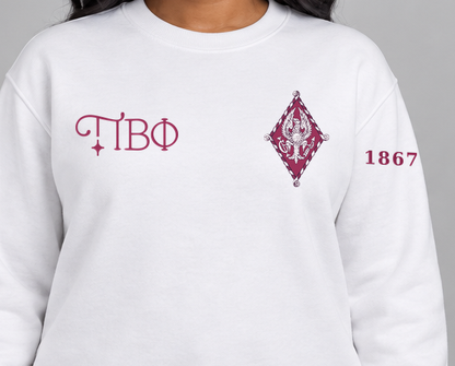 Pi Beta Phi premium embroidered white solid crewneck sweatshirt on model - chest embroidery close-up