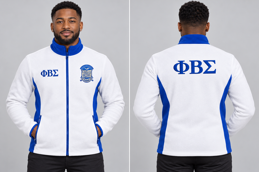 Phi Beta Sigma fitted White and Royal Blue polar fleece jacket on man model, front and back