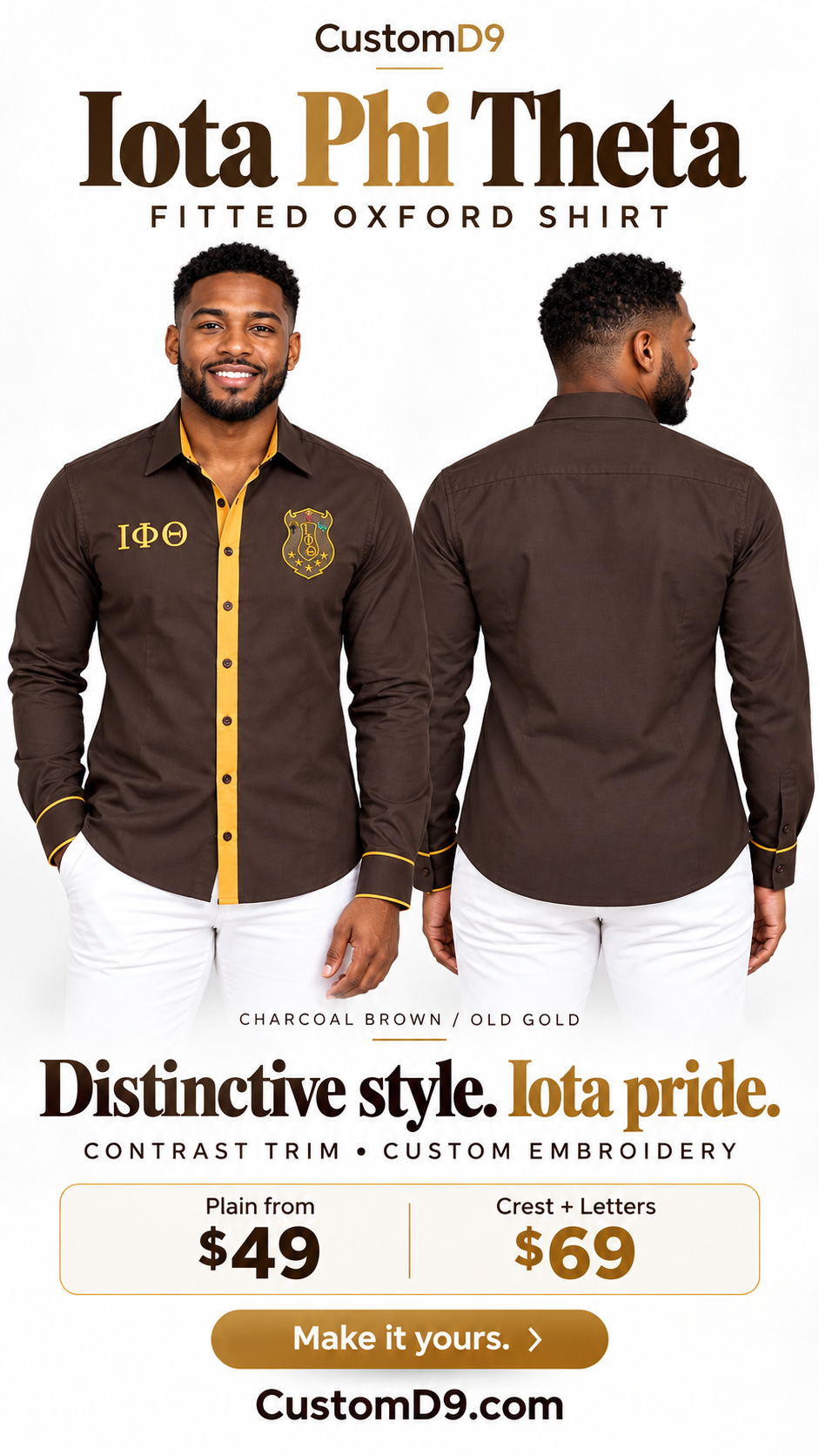 Iota Phi Theta charcoal brown and old gold fitted embroidered Oxford shirt reel-poster, front and back on male model