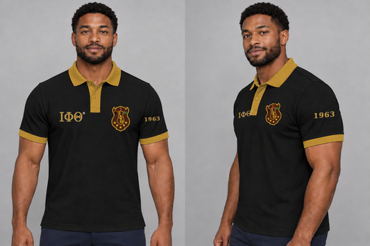 Iota Phi Theta premium embroidered black solid contrast trim polo on model - front and side