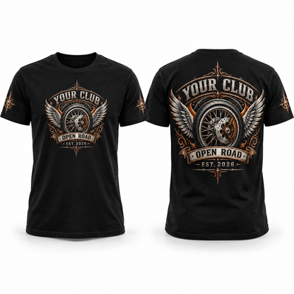 Custom Motorcycle & Auto Club full-color printed black T-shirt front back and sleeve sample