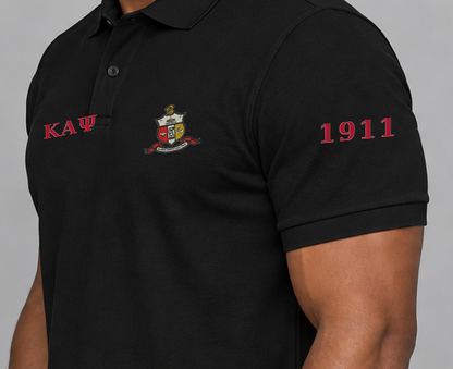 Kappa Alpha Psi premium embroidered black solid polo on model - founding year sleeve detail