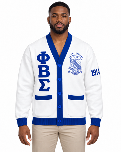 Officially Licensed Phi Beta Sigma White & Royal Blue Pocket Cardigan – Custom Embroidery on model
