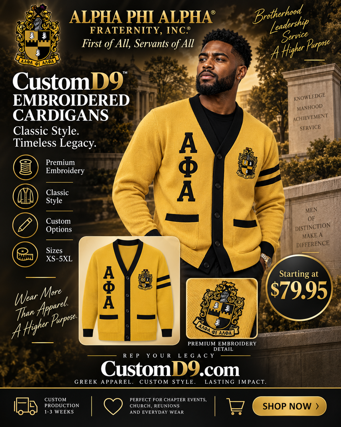 Alpha Phi Alpha gold and black embroidered cardigan poster Pirani9