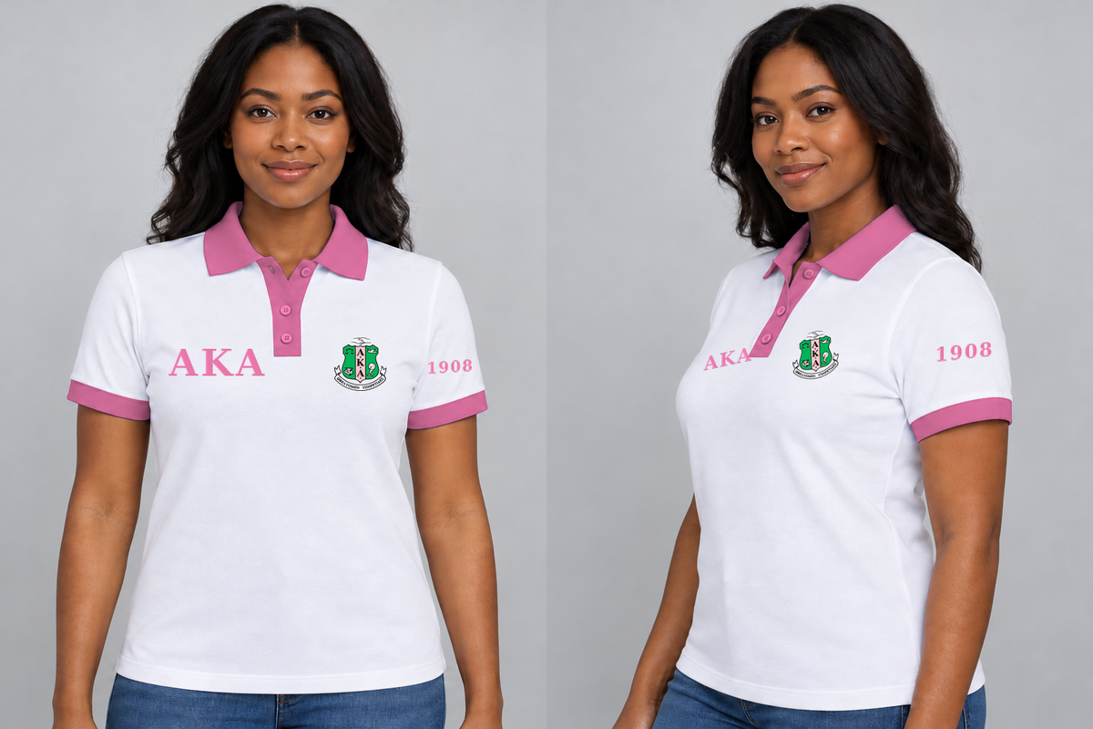 Alpha Kappa Alpha premium embroidered white solid contrast trim polo on model - front and side