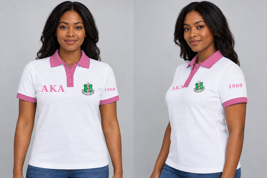 Alpha Kappa Alpha premium embroidered white solid contrast trim polo on model - front and side