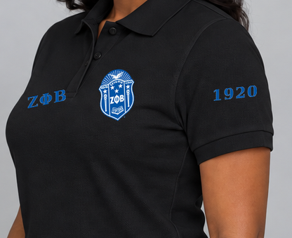 Zeta Phi Beta premium embroidered black polo solid style on model - founding year sleeve detail