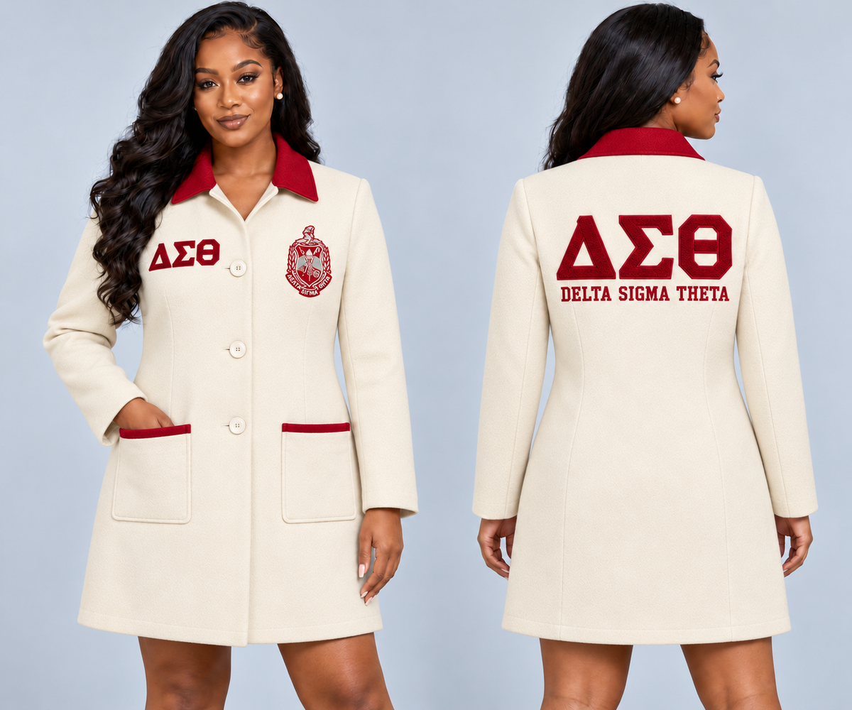 Black woman modeling Delta Sigma Theta cream and crimson fitted premium wool blend coat with chenille Greek letters and embroidered crest, front and back views.