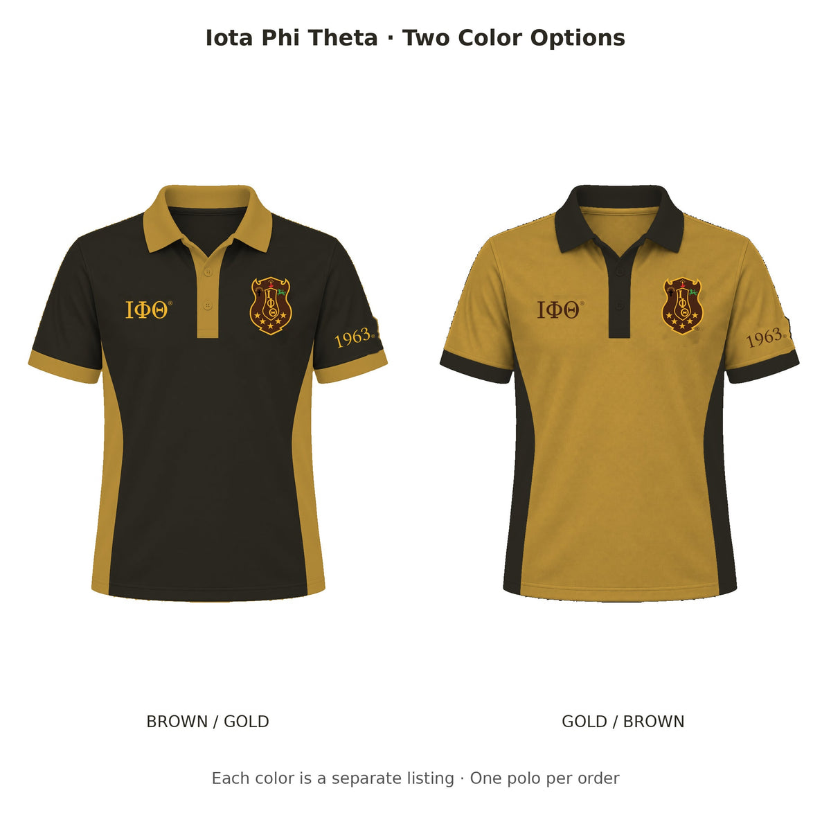 Iota Phi Theta men's straight-sided panel polos in charcoal brown-gilded gold and reverse gilded gold-charcoal brown; original brand-kit shield on both digital mockups, one polo per order