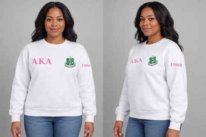 Alpha Kappa Alpha premium embroidered white solid crewneck sweatshirt on model - front and side