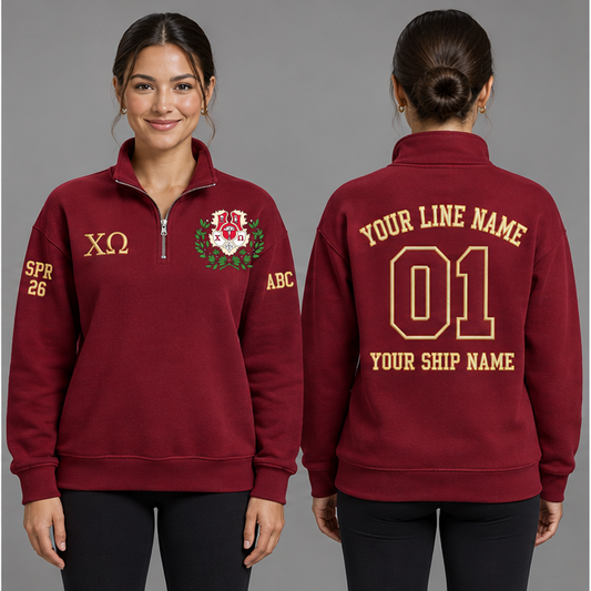 Chi Omega Cardinal and Straw personalized quarter-zip sweatshirt on an adult model, original supplied crest and ΧΩ letters, sample line name, line number01, ship name, crossing year and chapter initials.